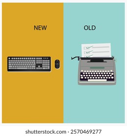 Old vs new technology. Modern keyboard and typewriter vector design illustration.