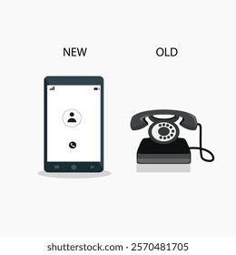 Old vs new technology. Modern mobile and telephone vector design illustration.