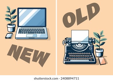 Old vs New typing machine vector art.old vs new technology