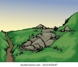 Old wadi solid cliff crag soil white text space outline black hand drawn vintage doodle art scene. Scenic spring view dry herbal plant herb bush flora sea water river lake arab asia coast line weather