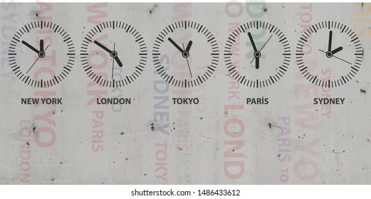 Old wall background with round city clocks.