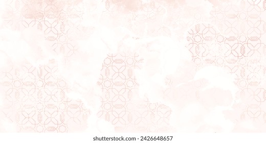 Old wall background. Watercolor, marble, concrete texture with geometric ornament. Fresco imitation in pale soft beige, pink, white colors. Wallpaper print design.