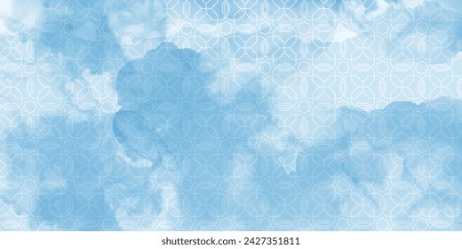 Old wall background. Watercolor, marble, concrete texture with geometric ornament. Fresco imitation in pale soft blue white colors. Wallpaper print design.