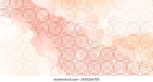 Old wall background. Watercolor, marble, concrete texture with geometric ornament. Fresco imitation in pale soft beige, pink, white colors. Wallpaper print design.