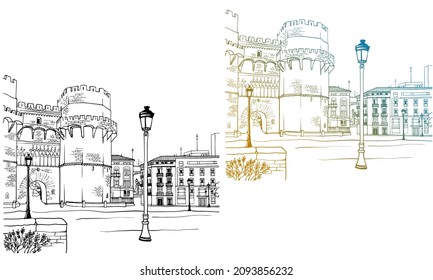 Old Walls of an old fortress in Valencia. Valencia, Catalonia, Spain. Urban landscape. Urban sketch. Hand drawn ink style. Line art. Black and white and colorful Vector illustration.