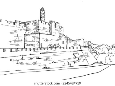 Old walls of Jerusalem, black and white vector illustration in hand drawn style. Ancient walls. Jerusalem, Israel. Urban landscape sketch. Line art. Ink drawing on white.