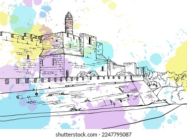 Old walls of Jerusalem, black and white vector illustration in hand drawn style. Ancient walls. Jerusalem, Israel. Urban landscape sketch. Line art. Ink drawing on blobs.