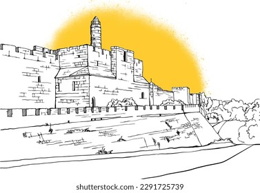 Old walls of Jerusalem, black and white vector illustration in hand drawn style. Ancient walls. Jerusalem, Israel. Urban landscape sketch. Line art. Ink drawing on white. Postcards style. 