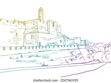 Old walls of Jerusalem, colourful vector illustration in hand drawn style. Ancient walls. Jerusalem, Israel. Urban landscape sketch. Line art. Ink drawing on white.