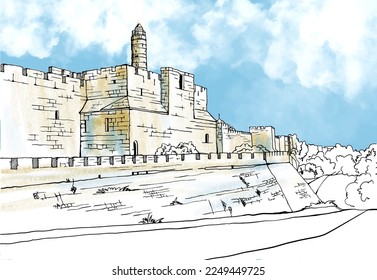 Old walls of Jerusalem, colourful vector illustration in hand drawn style. Blue sky. Ancient walls. Jerusalem, Israel. Urban landscape sketch. Line art. Ink drawing on white. Clouds sky.