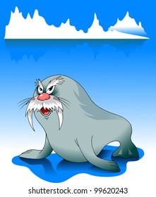 old walrus resting on the blue ice (vector illustration);