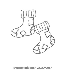 Old warm knitted socks with a pattern, leaky socks, patches, vector monochrome illustration in cartoon style on a white background