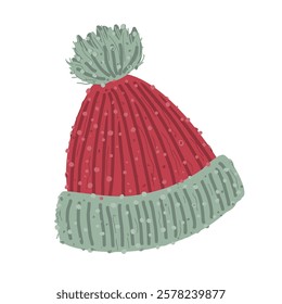 Old warm winter hat with a lot of lints. Vector isolated illustration.