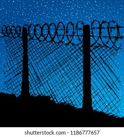 Old warning obstacle spiral spike shape row zone cage scene on dark blue starry nighttime moonlight sky backdrop. Black hand drawn picture concept in retro art cartoon graphic style and space for text
