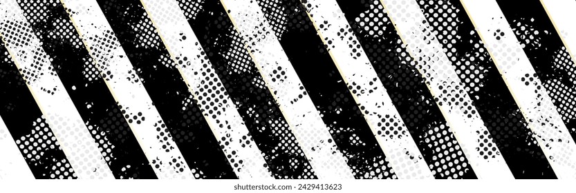 Old warning sign with black stripes on yellow background.