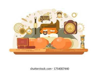 Old watch repairer at workplace vector illustration. Watchmaker with loupe repairing clockwork flat style concept. Watch workshop concept. Isolated on white background