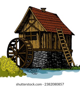 Old water mill engraving sketch style hand drawn color vector illustration. Scratch board style imitation. Hand drawn image.