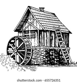 Old water mill engraving vector illustration. Scratch board style imitation. Hand drawn image.