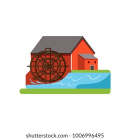 Old water mill, farm building, countryside life object vector Illustration