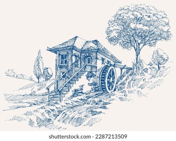 Old water mill landscape near river flow hand drawing