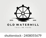 old water mill at a river illustration logo vector vintage icon design
