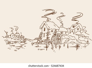 The old water mill and small village near the lake at winter. Sketch. Vector illustration.