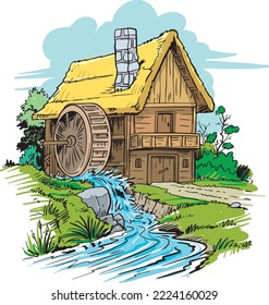 Old water mill. Wooden mill for flour