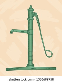 old water pump. hand drawing water pump illustration. green water pump