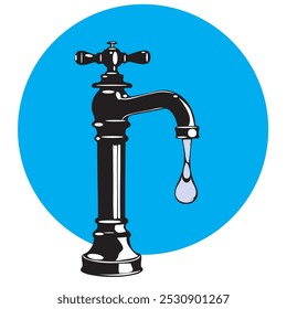 Old water tap with flowing water. Vector illustration.