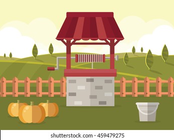 Old Water  Well with Bucket and Pumpkins. Rural Landscape in Autumn. Flat Design Style. 