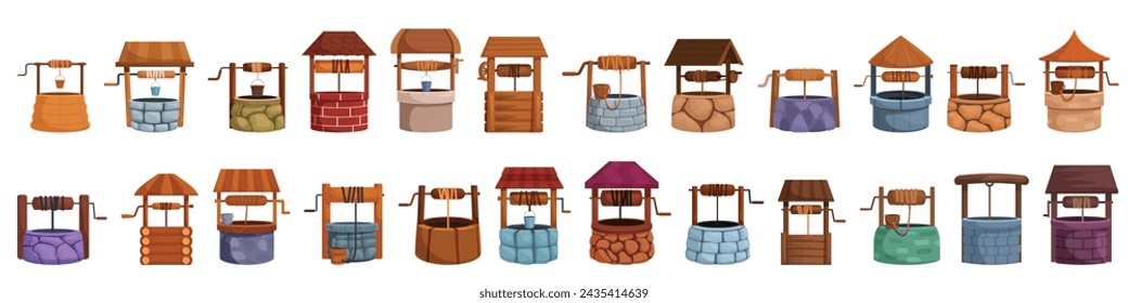 Old water well icons set cartoon vector. Wood rural stone. Medieval ancient source