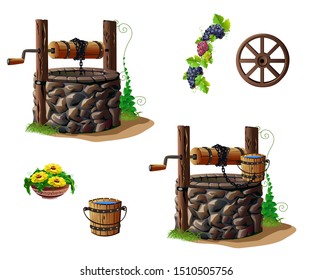 Old water well made of stone and wood. A set of a water well, a wheel, a bucket of water, grapes and flowers. Fabulous rural landscape. Vector illustration in cartoon style isolated on white backgroun