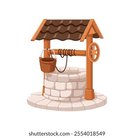 Old water well with wood roof, stone structure and rope crank. Traditional ancient country agriculture utility for drawing into bucket. Flat cartoon vector illustration isolated on white background