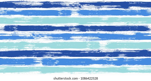 Old watercolor brush stripes seamless pattern. Cyan, blue and sky blue paintbrush lines horizontal seamless texture for backdrop. Hand drown paint strokes decoration artwork. For garment.