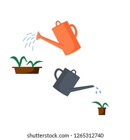 Old watering cans of different colors and shapes. Watering pots with plants from watering cans. Vector illustration in flat style.