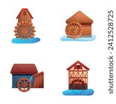 Old watermill icons set cartoon vector. Wooden structure uses river hydropower. Water millwheel