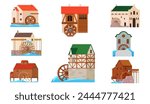 Old watermills set. Vintage stone and wooden houses with wheel to grind flour using kinetic energy of river stream, traditional countryside water mills for rural landscape cartoon vector illustration