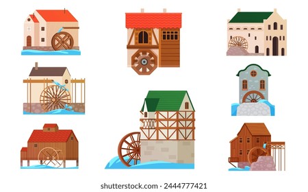 Antiguos molinos de agua. Antiguas casas de piedra y madera con rueda para moler la harina utilizando la energía cinética de la corriente del río, molinos de agua tradicionales del campo para la Ilustración vectorial de dibujos animados del paisaje rural