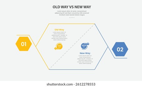 old way vs new way infographic outline style with 2 point comparison template with hexagon slice and bold shape at edge for slide presentation vector