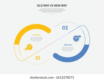old way vs new way infographic outline style with 2 point comparison template with big circle and slice connection line for slide presentation vector
