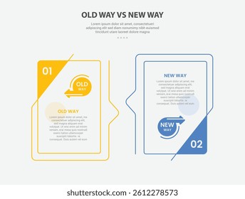 old way vs new way infographic outline style with 2 point comparison template with creative box with bookmark badge on side for slide presentation vector