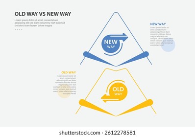 old way vs new way infographic outline style with 2 point comparison template with creative arrow stacking vertical for slide presentation vector