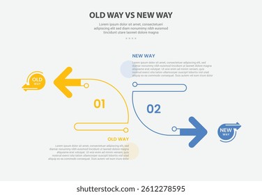 old way vs new way infographic outline style with 2 point comparison template with creative arrow shape opposite direction for slide presentation vector