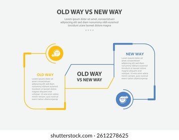 old way vs new way infographic outline style with 2 point comparison template with round box with circle connection for slide presentation vector