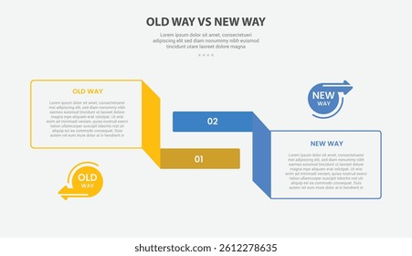 old way vs new way infographic outline style with 2 point comparison template with rectangle box and flipped ribbon for slide presentation vector