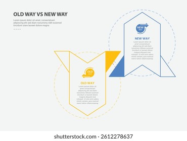 old way vs new way infographic outline style with 2 point comparison template with creative arrow ups and down for slide presentation vector