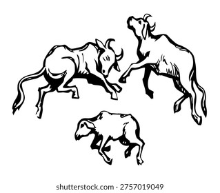 Old weak thin beast pest bite wound young beef cub life loss blood prey victim harm herd end lay white dirty dry sand ground desert field text space. Dark black hand drawn slim ewe ram body skinny goat leg mortal injury bible hail story art concept