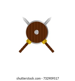 An old weapon on a white background Crossed swords and wooden shield. Vector illustration of a cartoon style