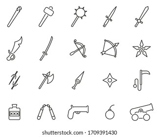 Old Weapons Or Ancient Weapons Icons Black & White Thin Line Set Big