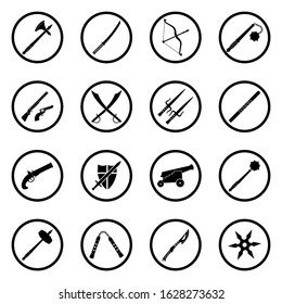 Old Weapons Icons. Black Flat Design In Circle. Vector Illustration.